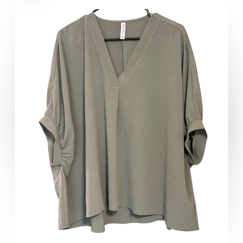 Zenana Olive Green V-Neck Blouse L/XL Flowy Dolman Sleeve Lightweight Boho Top - Picture 2 of 3